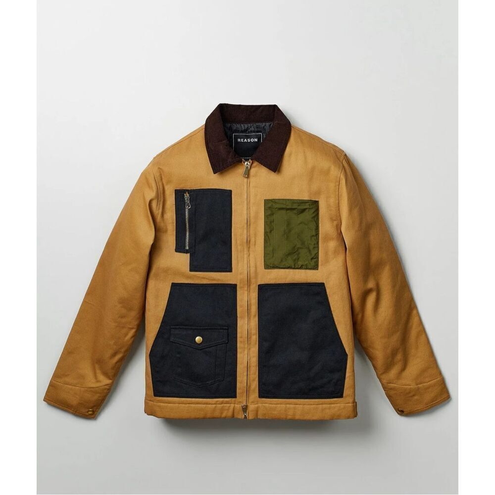 Reason Clothing Tradesman Work Jacket- Block‎ colors- Tan long sleeve- Men Large